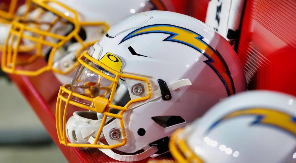 Chargers helmets on the bench.