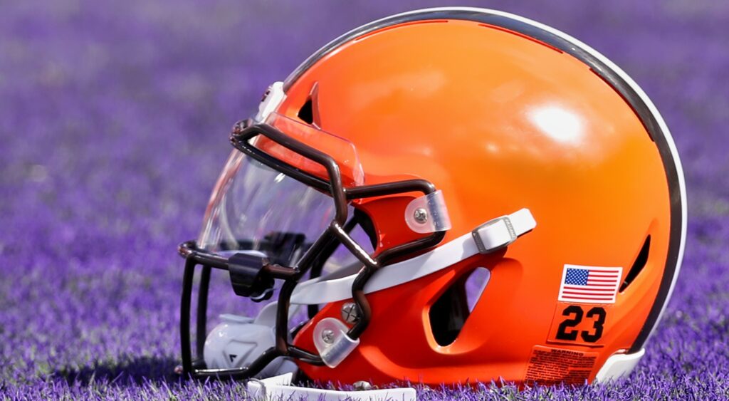 Browns helmet on the field.