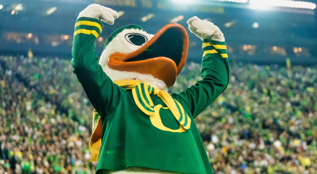 Oregon Ducks mascot hypes up the crowd.