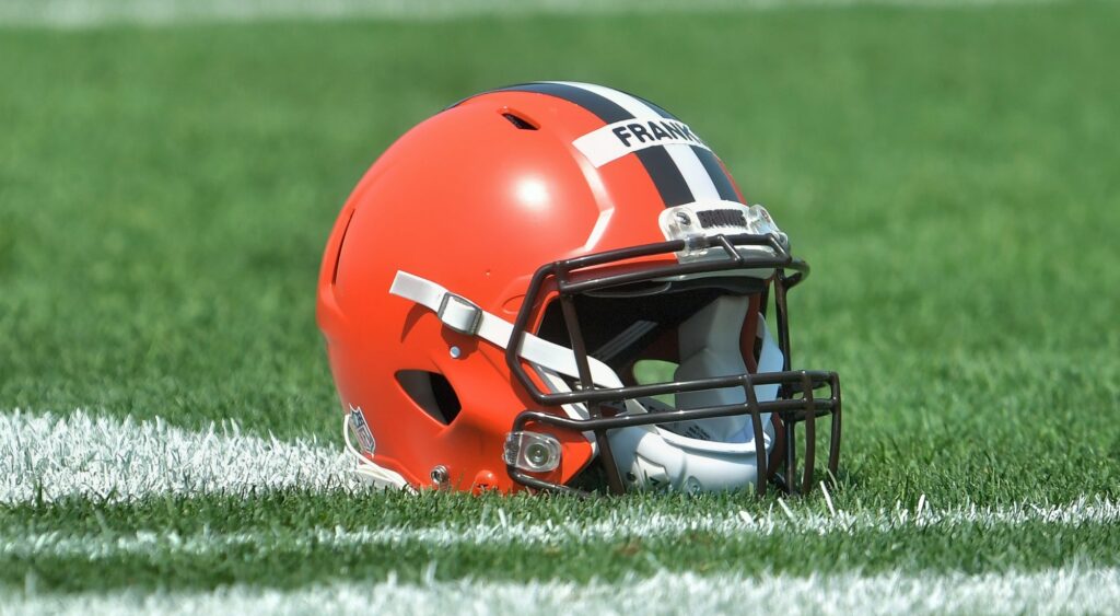 Cleveland Browns' helmet shown on field.