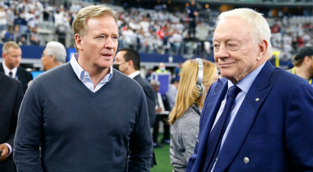 Roger Goodell (left) and Jerry Jones (right) speaking at AT&T Stadium.