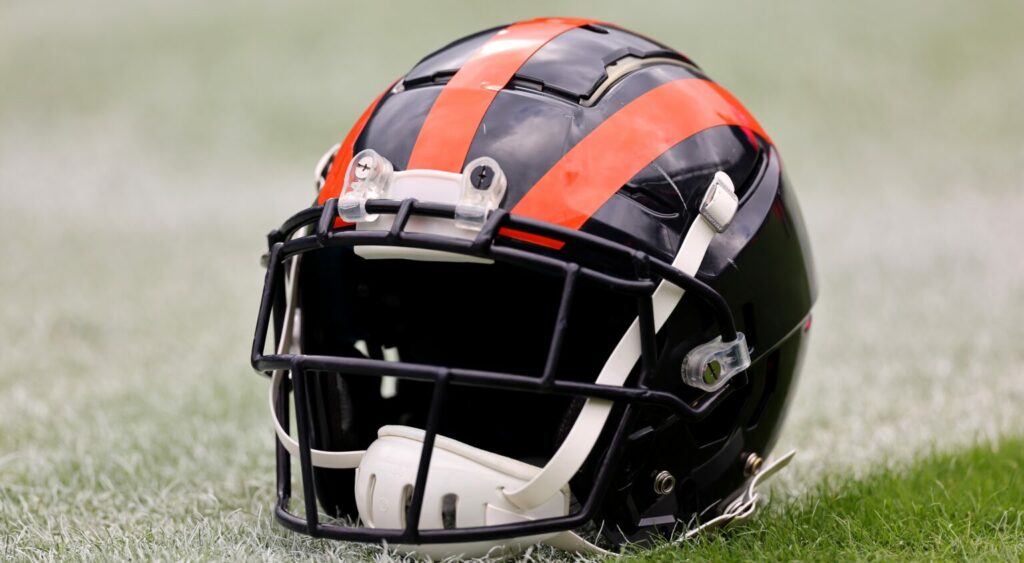 Chicago Bears' helmet shown on field.