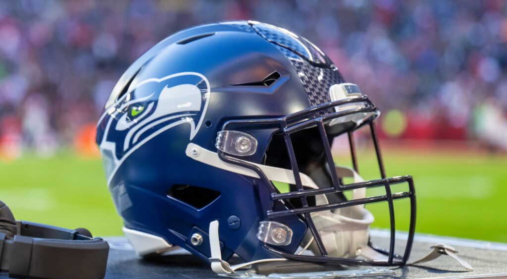 Seattle Seahawks' helmet shown at Allianz Arena.