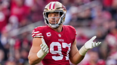 Nick Bosa with questioning gesture