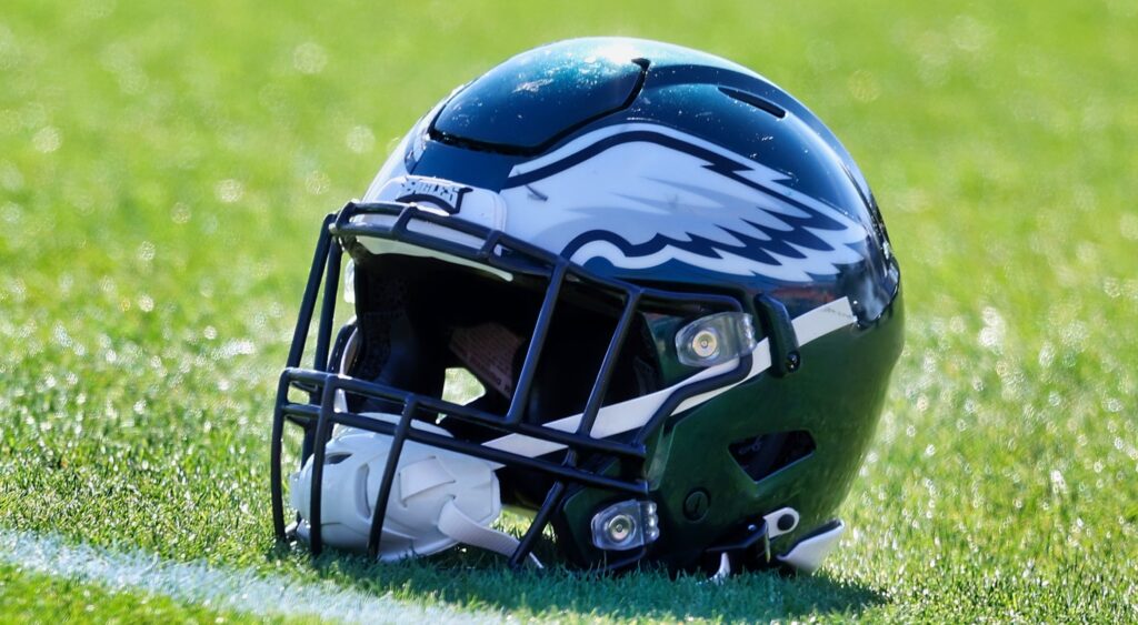 Philadelphia Eagles' helmet shown on field.