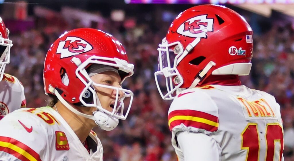 Patrick Mahomes celebrates with Kadarius Toney after a touchdown.