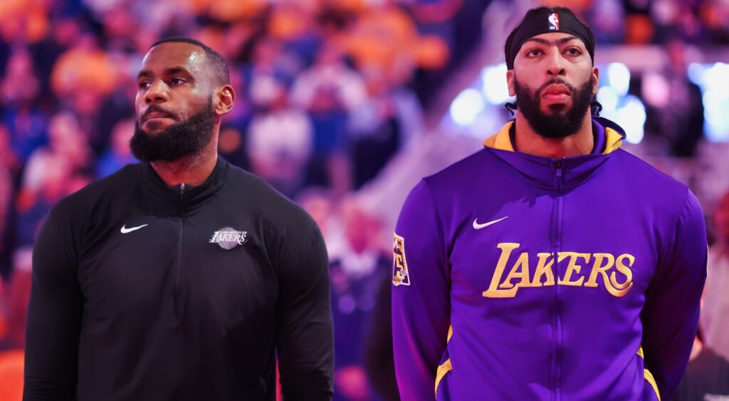 LeBron James (left) and Anthony Davis (right) during national anthem.