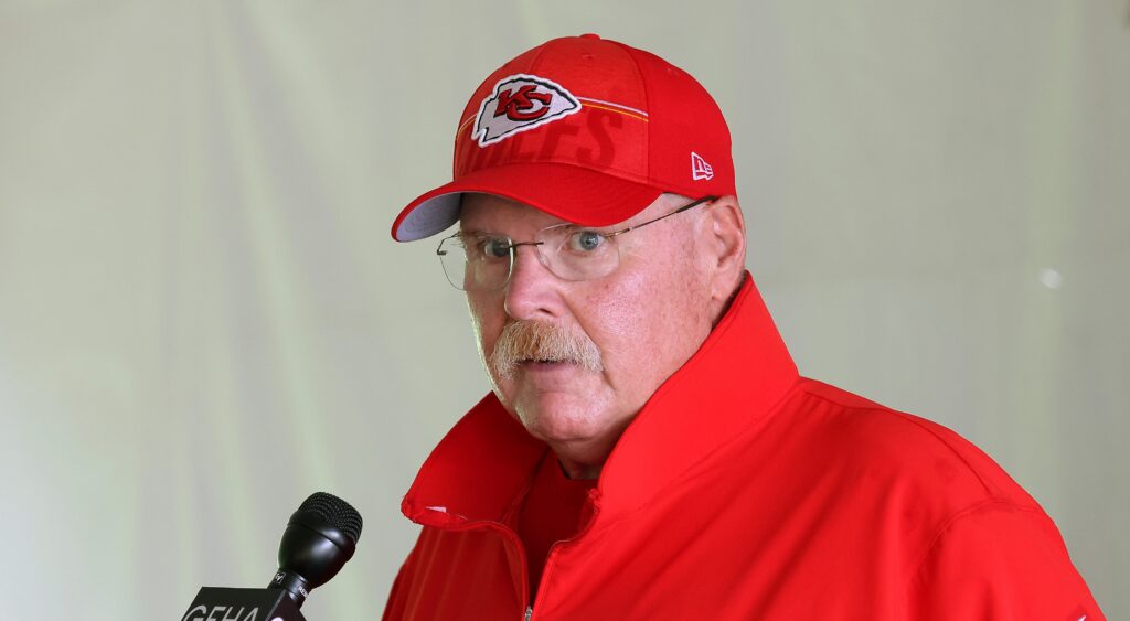 Andy Reid of Kansas City Chiefs looking on at press conference.