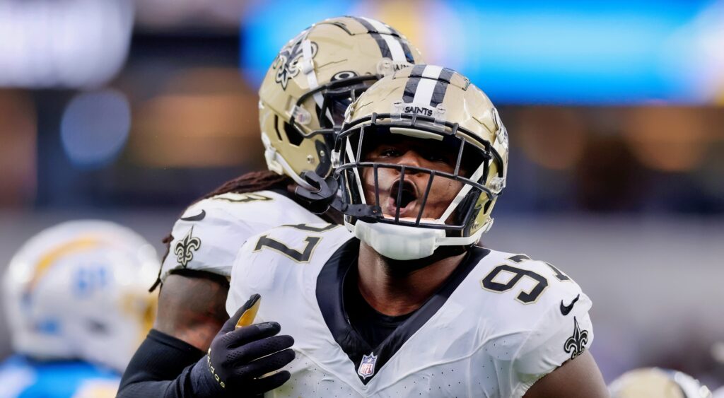 Malcolm Roach of New Orleans Saints celebrating a sack.