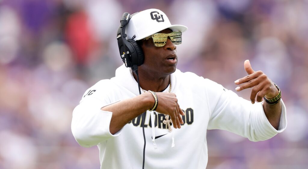 Deion Sanders of Colorado Buffaloes reacts during game.