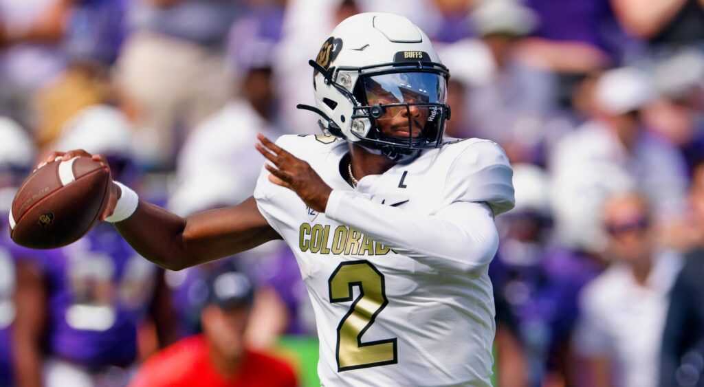 Shedeur Sanders of Colorado Buffaloes attempting a pass.