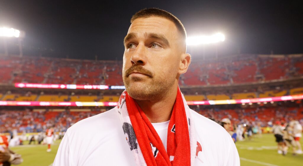 Travis Kelce looks on after Kansas City Chiefs' game.
