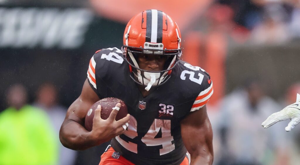 Cleveland Browns' running back Nick Chubb running with football.