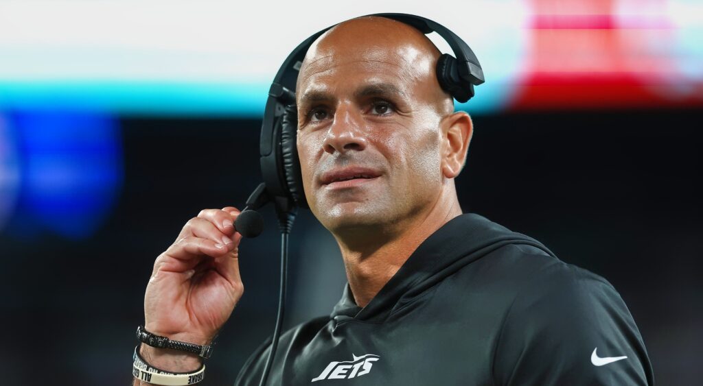 New York Jets' head coach Robert Saleh looking on during game.