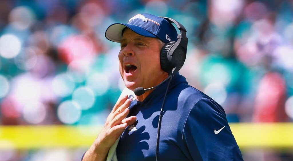 Denver Broncos' head coach Sean Payton reacting during game.