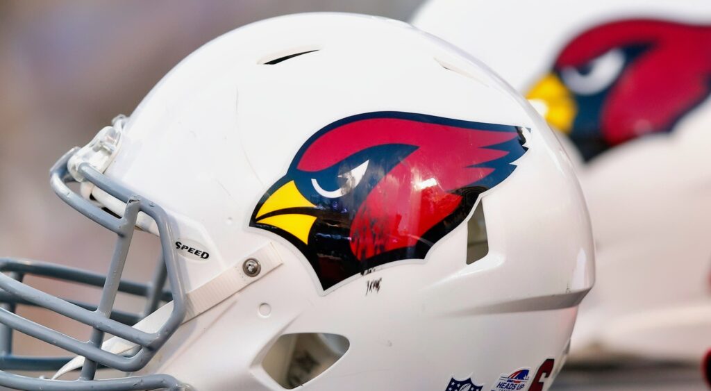 Closeup of the Logo on an Arizona Cardinals helmet.