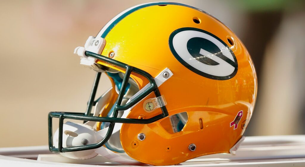 Packers helmet on the bench.