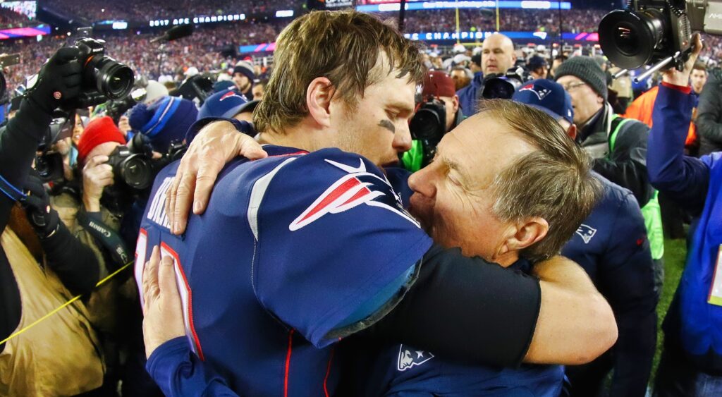 Tom Brady hugs Bill Belichick after 2017 AFC Championship.