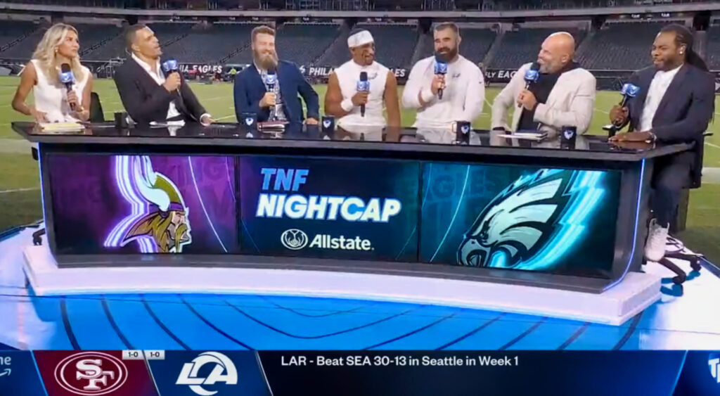 Jason Kelce and Jalen Hurts discussing Eagles win with Amazon Prime panel