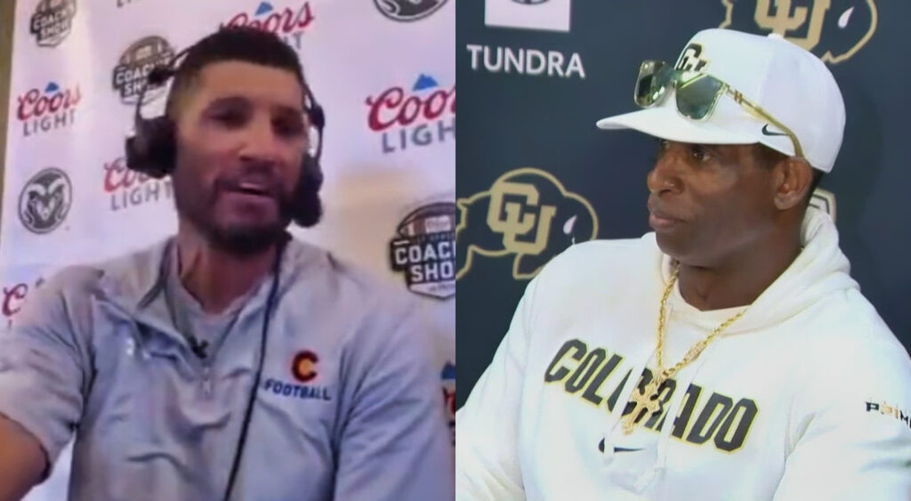 Photos of Jay Norvell and Deion Sanders at press conferences