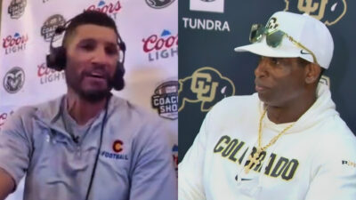 Photos of Jay Norvell and Deion Sanders at press conferences