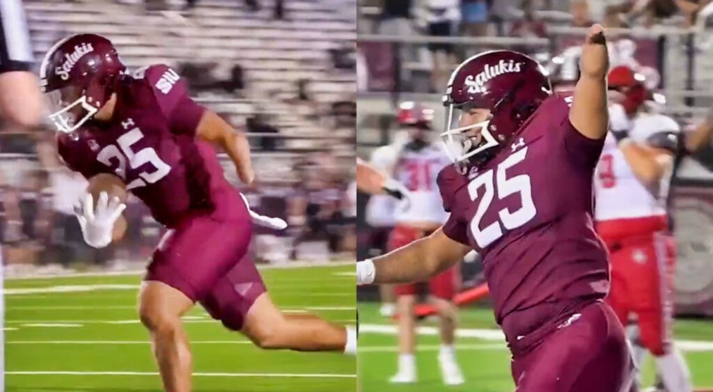 Split image of Kayleb Wagner rushing for a touchdown.