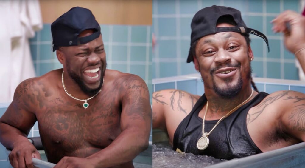 Split image of Kevin Hart and Marshawn Lynch in cold baths.
