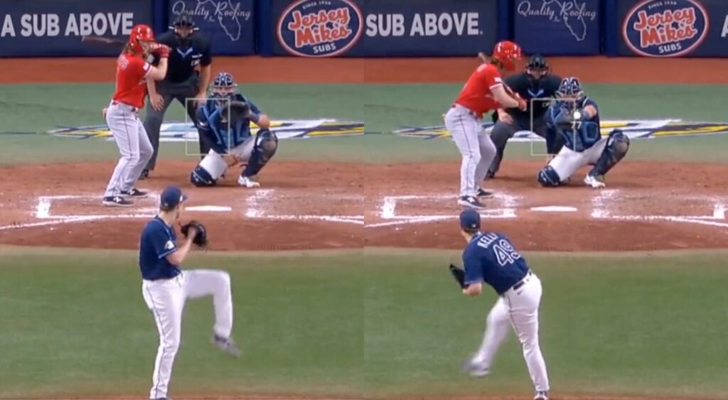 Split image of Kevin Kelly pitching.