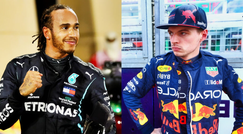 Photo of Lewis Hamilton holding up a fist and photo of Max Verstappen with his hands on his waist