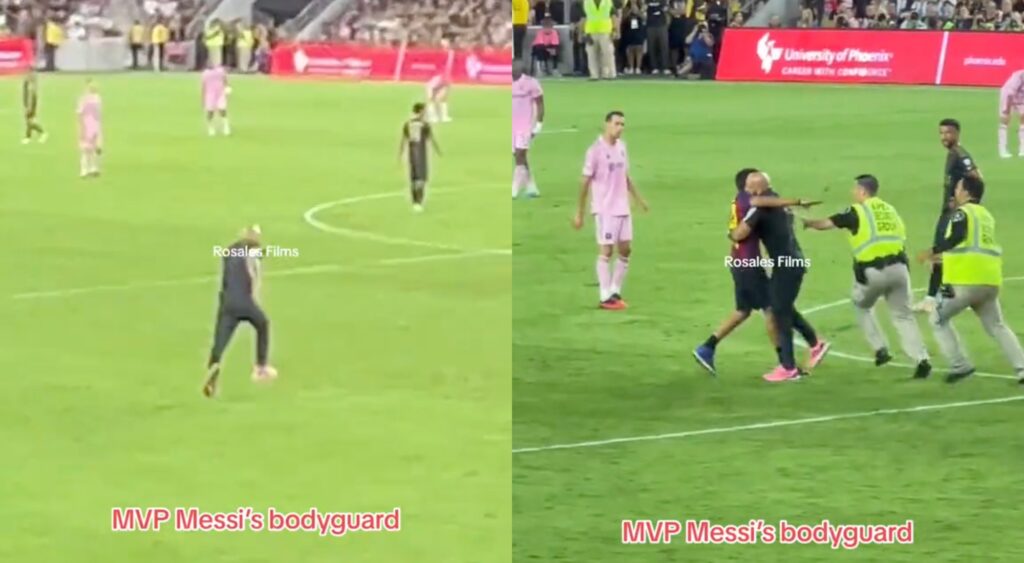 Split image of Messi's bodyguard chasing down a fan on the field.