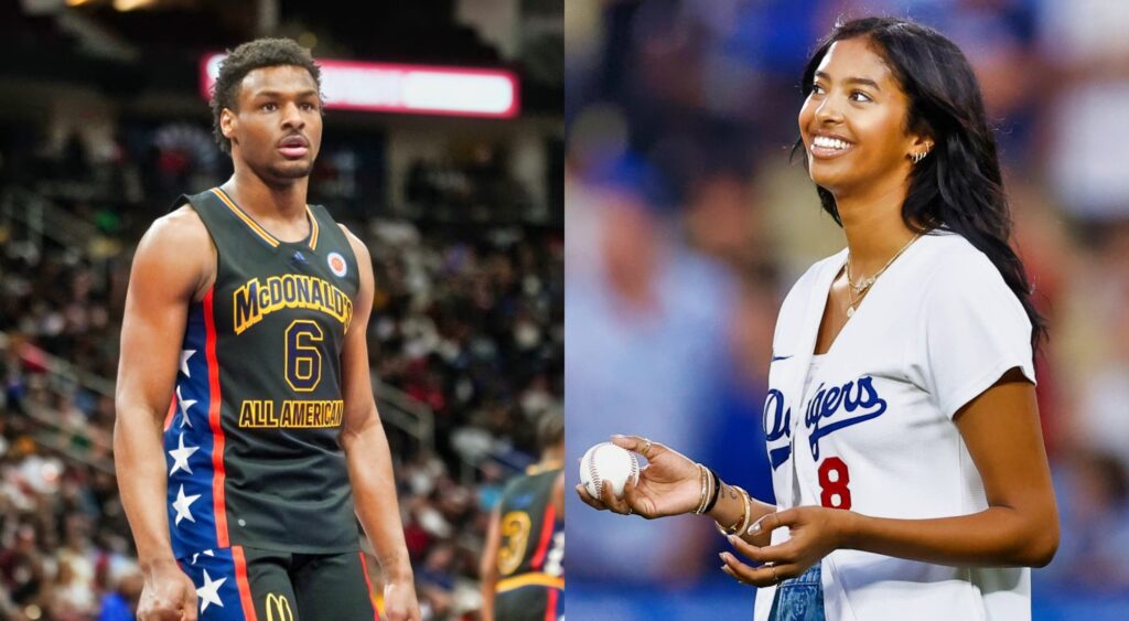Natalia Bryant in Dodgers jersey. Bronny James in McDonals All American jersey