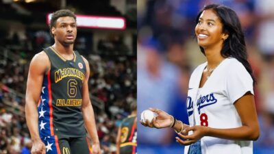 Natalia Bryant in Dodgers jersey. Bronny James in McDonals All American jersey