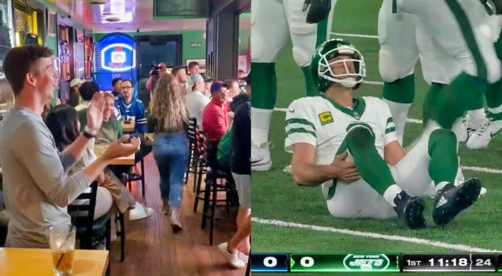 Split image of Packers fans cheering and Aaron Rodgers down with an injury.