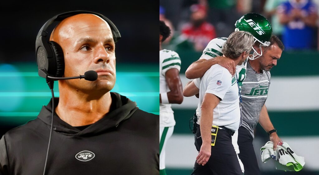 Split image or Robert Saleh looking on and Aaron Rodgers getting helped off the field.