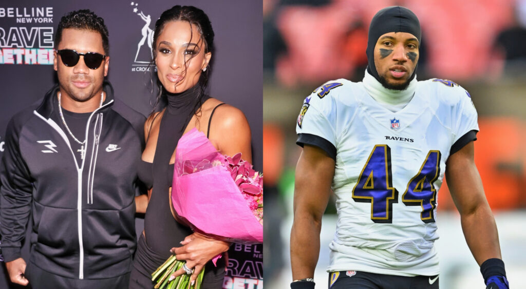 Photo of Russell Wilson with Ciara and photo of Marlon Humphrey in Ravens uniform