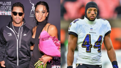 Photo of Russell Wilson with Ciara and photo of Marlon Humphrey in Ravens uniform