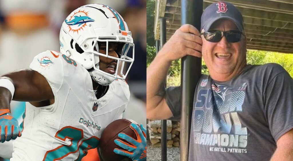 Split image of Salvon Ahmed and Patriots fan Dale Mooney.