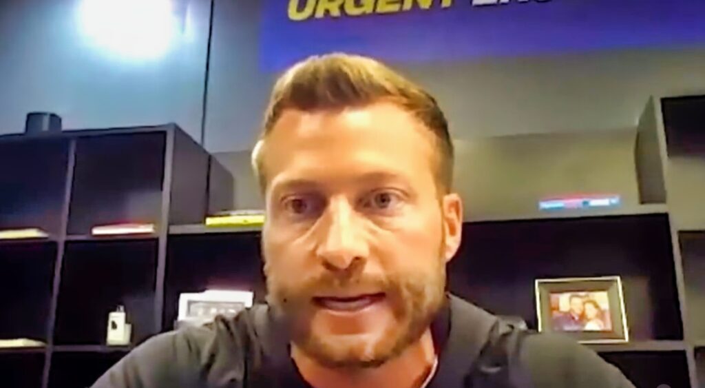 Sean McVay speaks during a press conference on Zoom.