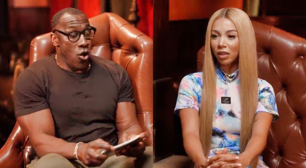 Split photo of Shannon Sharpe in shock and Brittany Renner talking on a couch.