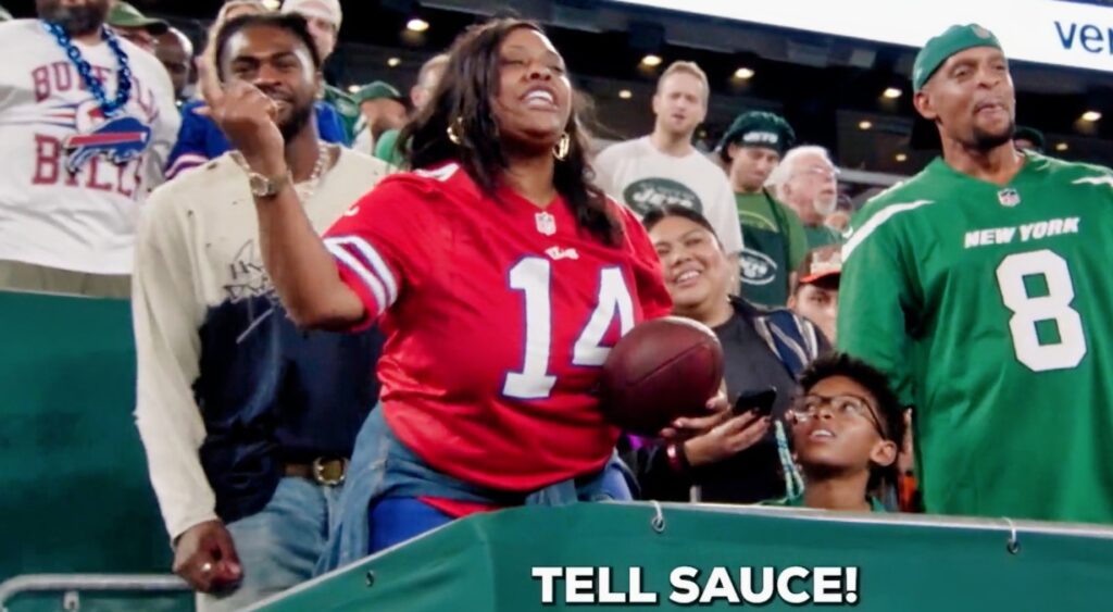 Stefon Diggs' mom yells at Sauce Gardner from the stands.
