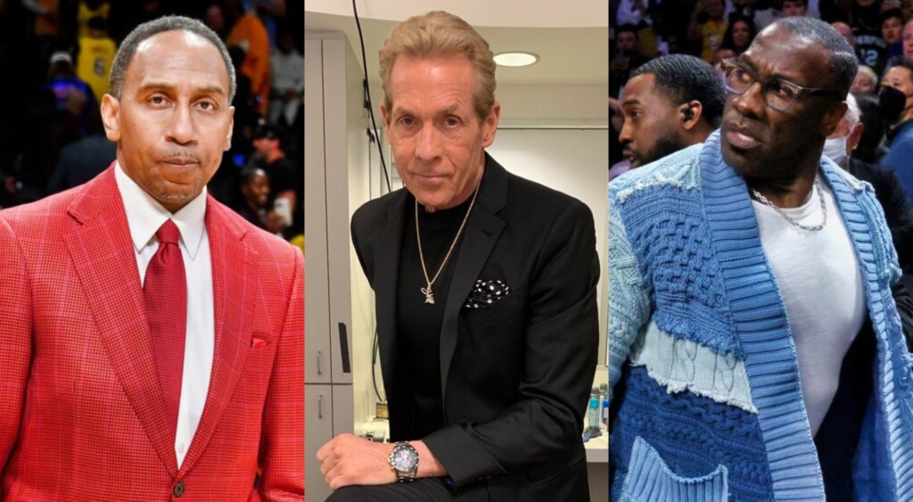 Split image of Stephen A Smith, Skip Bayless and Shannon Sharpe.