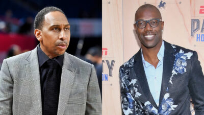 Photo of Stephen A Smith staringand photo of Terrell Owens smiling