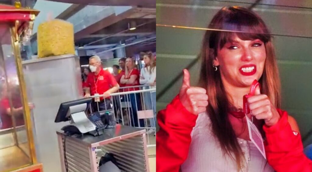 Split image of a popcorn cart at Arrowhead Stadium and Taylor Swift giving thumbs up during the game.