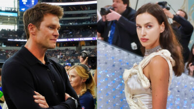 Photo of Tom Brady with his arms folded and photo of Irina Shayl posing in white dress