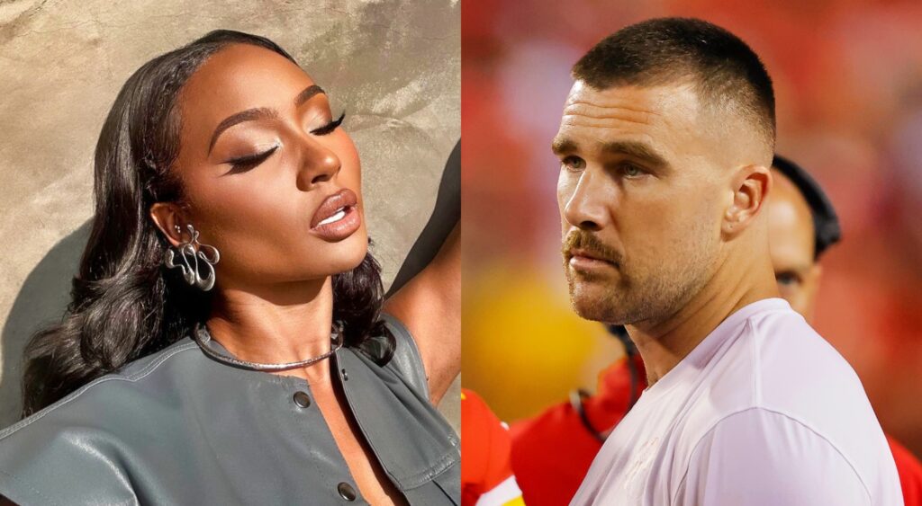 Split photo of Kayle Nicole and Travis Kelce.