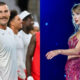 Photo of Travis Kelce smiling and photo of Taylor Swift during performance