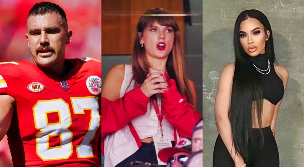 Maya Benberry posing in black. Travis Kelce in unform. Taylor Swift with hands on chest