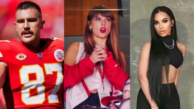 Maya Benberry posing in black. Travis Kelce in unform. Taylor Swift with hands on chest