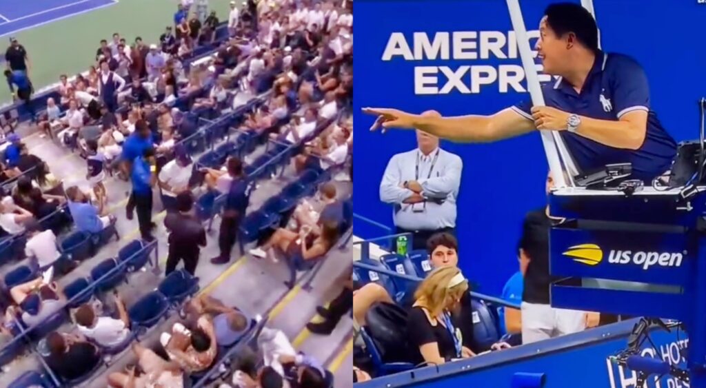 Split image of fan getting booted from US Open and chair umpire yelling at a fan.