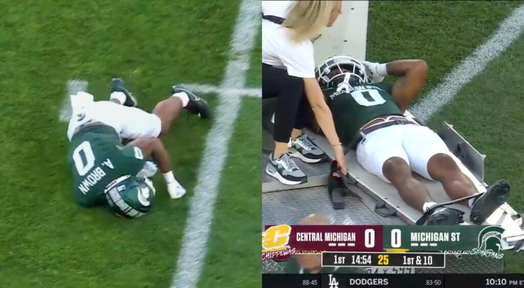 Split of Alante Brown on the ground and being stretchered off.